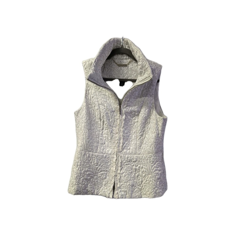 White House Black Market Ruffle Puffer Ivory Vest Full‎ Zip Fitted Size S Small